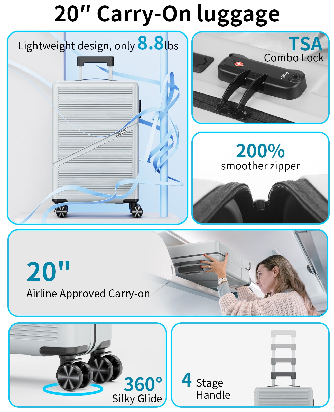 Carry On Luggage Airline Approved 20 Inch Hardside Suitcase with Spinner Wheels, Lightweight PC Rolling Luggage with TSA Lock & USB Charging Port for Travel
