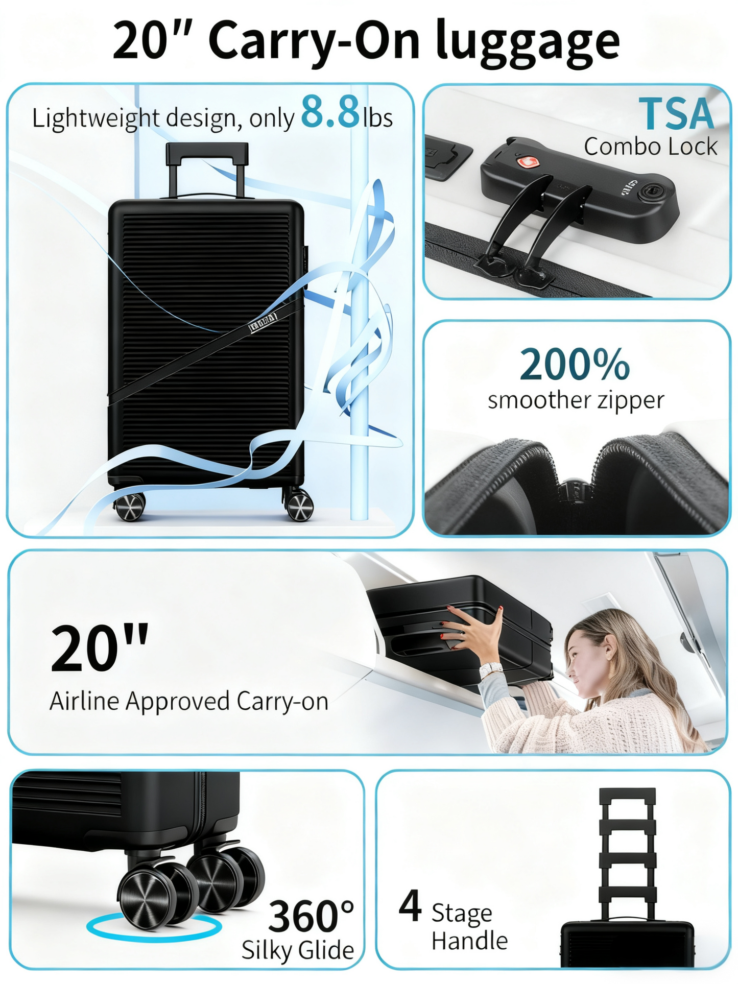 Carry On Luggage Airline Approved 20 Inch Hardside Suitcase with Spinner Wheels, Lightweight PC Rolling Luggage with TSA Lock & USB Charging Port for Travel