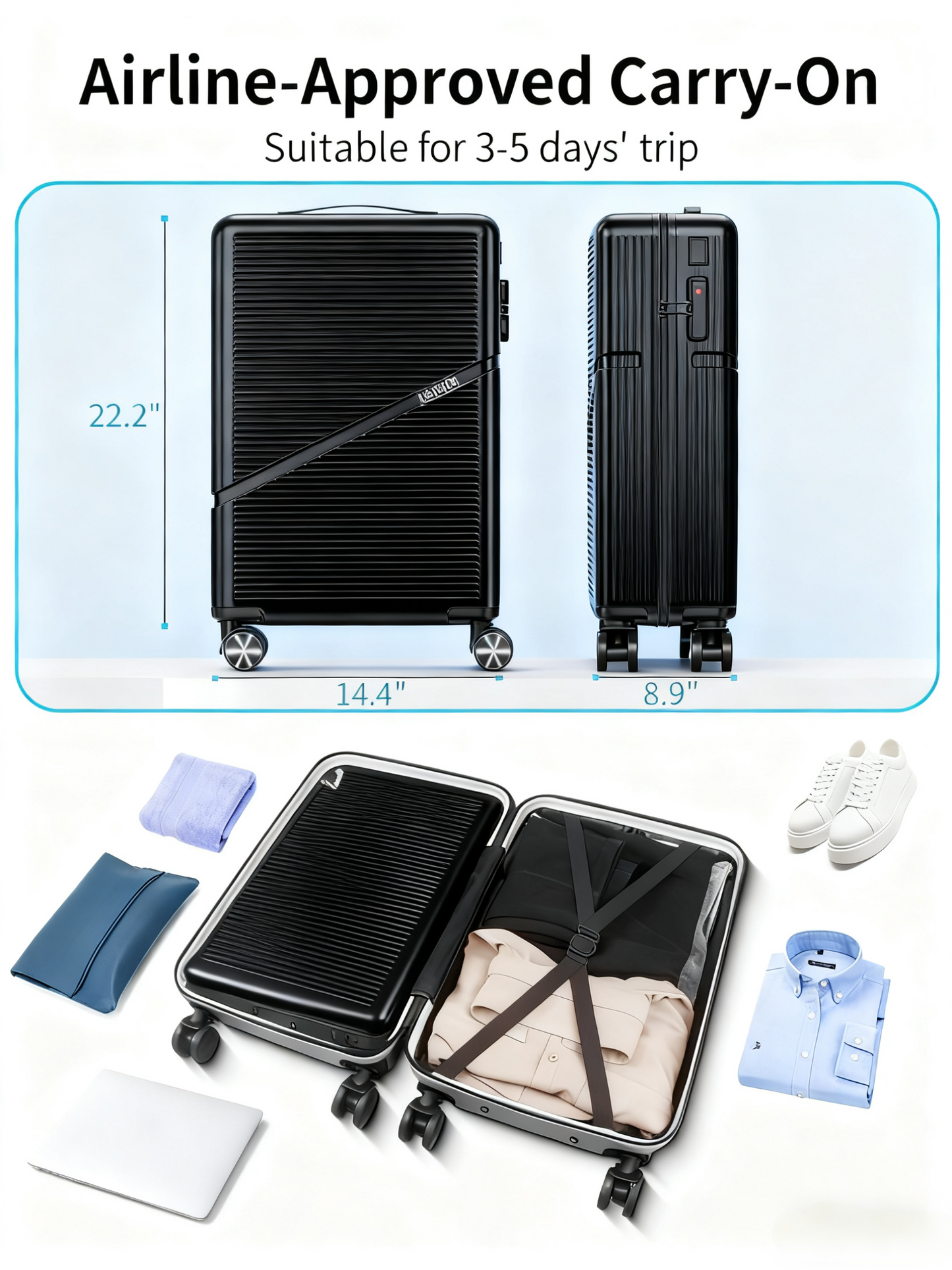 Carry On Luggage Airline Approved 20 Inch Hardside Suitcase with Spinner Wheels, Lightweight PC Rolling Luggage with TSA Lock & USB Charging Port for Travel