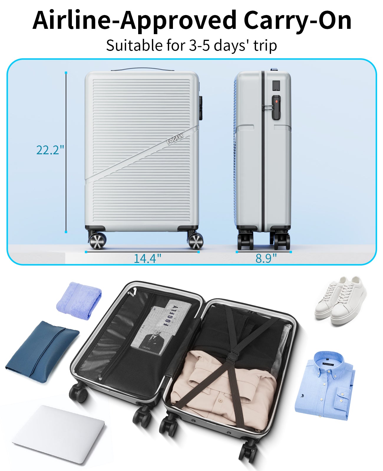 Carry On Luggage Airline Approved 20 Inch Hardside Suitcase with Spinner Wheels, Lightweight PC Rolling Luggage with TSA Lock & USB Charging Port for Travel